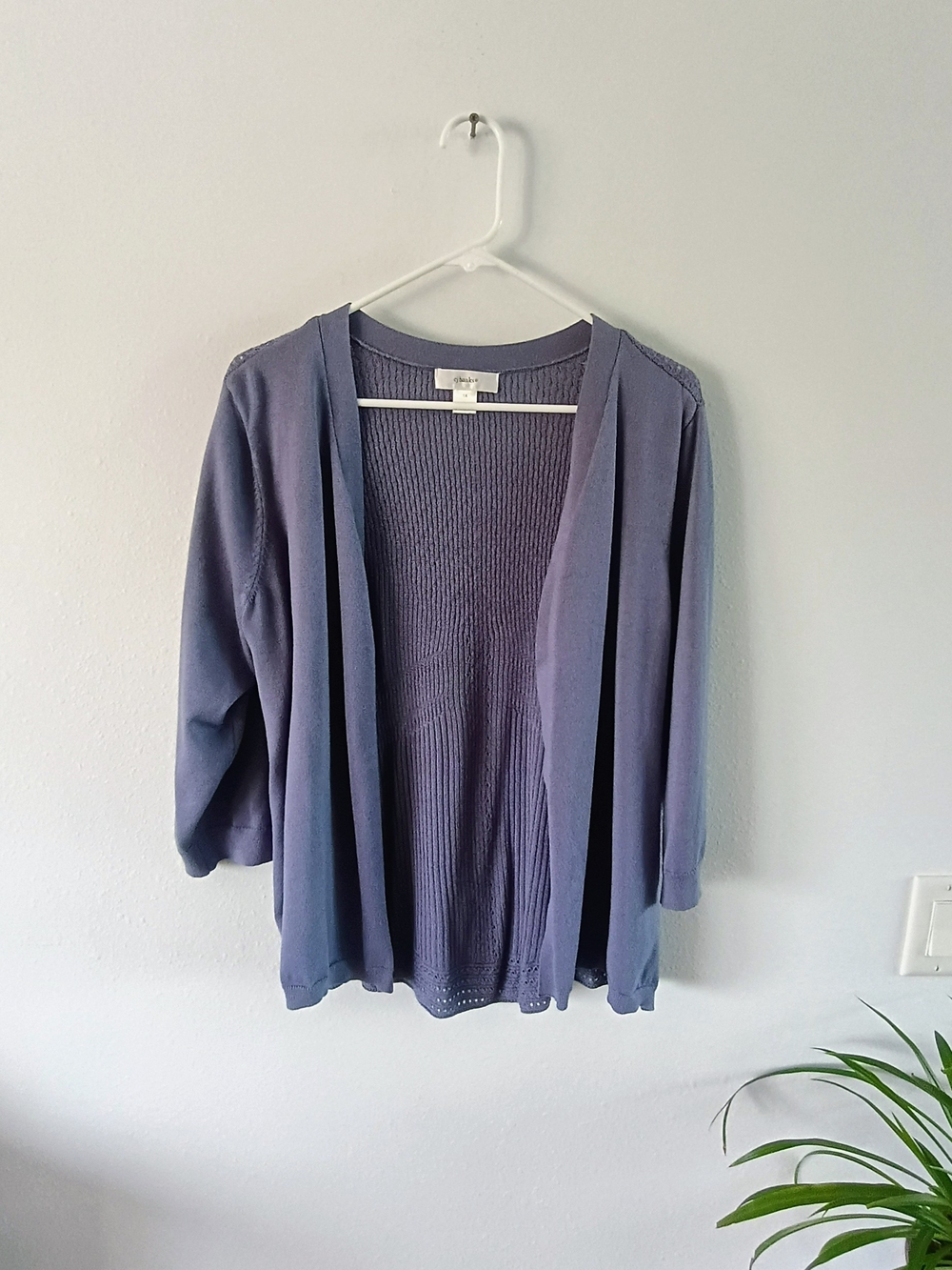 CJ Banks 1X Periwinkle Open Front Cardigan Pointelle Knit 3/4 Sleeve Sweater